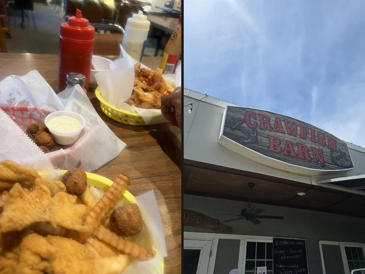 Seafood plates on a casual restaurant table.