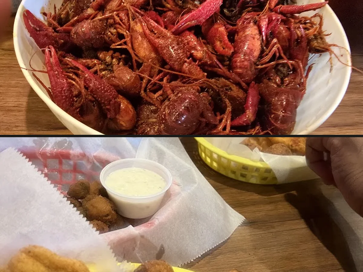 A hearty seafood meal with southern sides.