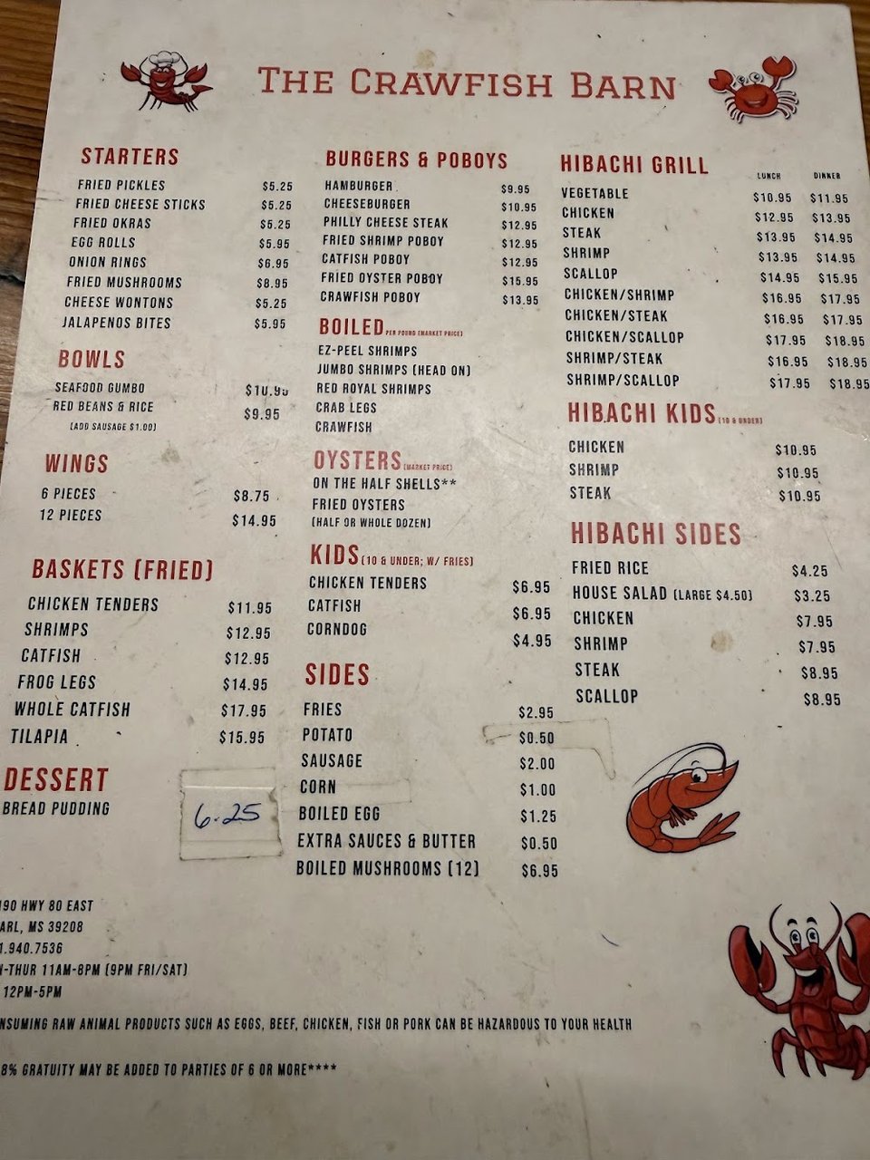 Menu page with poboys and crab legs.