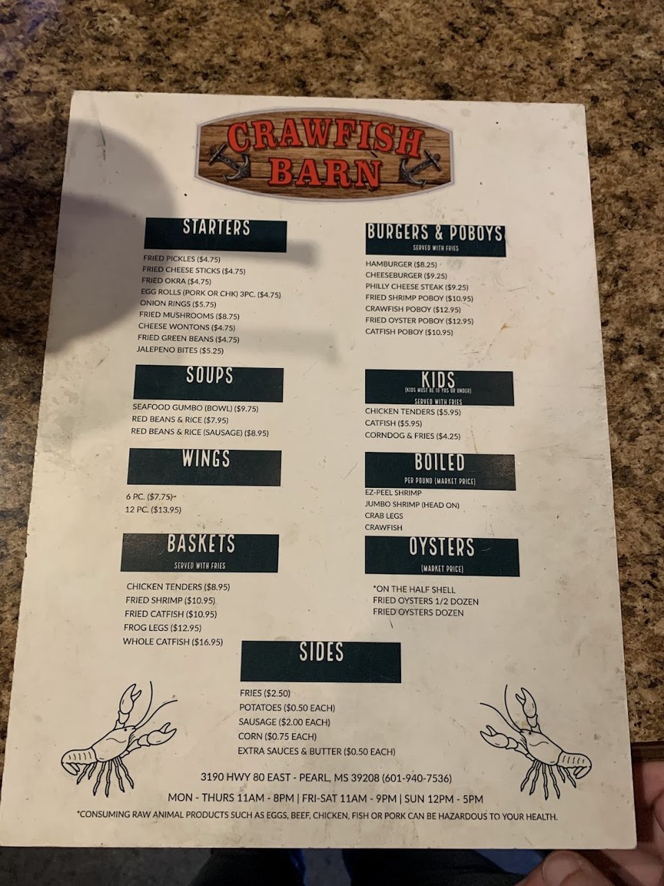 Seafood specials shown on a simple menu.