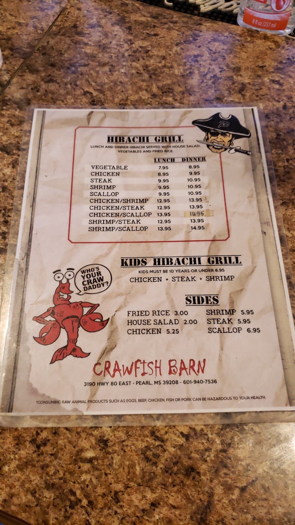 Crawfish, gumbo, and catfish listed together.